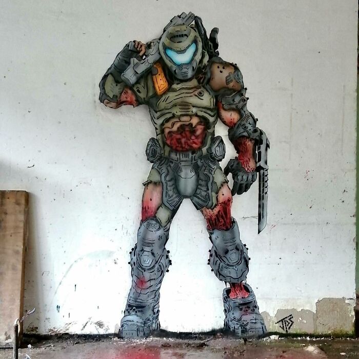 Graffiti art of a futuristic armored soldier interacting with the wall, adding depth to the street scene.