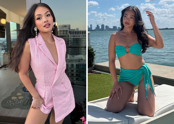 Young woman showcasing stunning celebrity beach body in teal bikini by waterfront with city skyline in background.