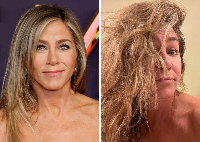 Actress Jennifer Aniston shown both with makeup and professionally lit, and without makeup or professional lighting in a casual setting.