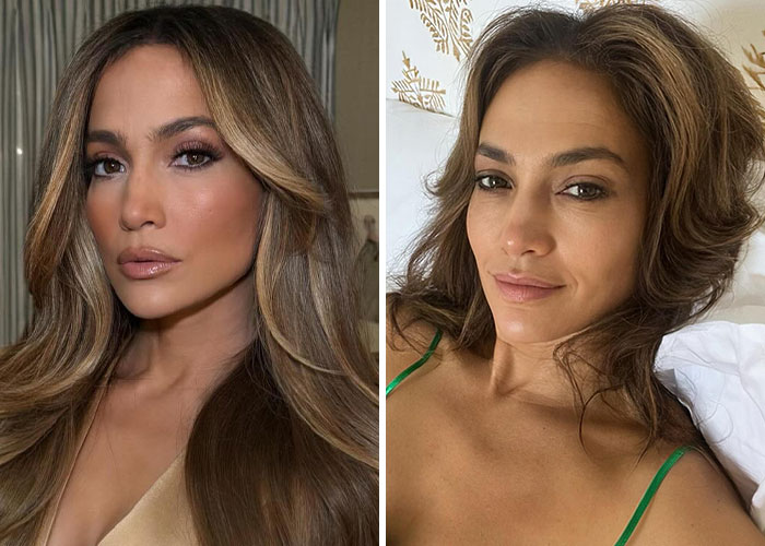 Close-up comparison of a female star with makeup and professional lighting versus natural look without makeup or studio lighting.