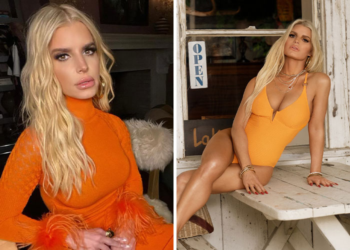 Blonde woman showcasing stunning celebrity beach bodies 2025 in an orange swimsuit and matching outfit in two different settings.