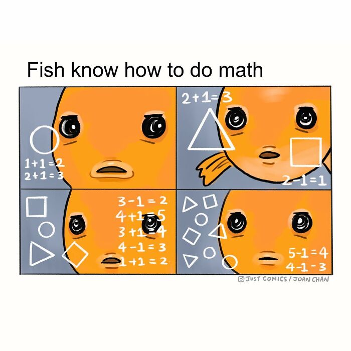 Illustration of fish doing math problems highlighting animal intelligence in an artist-created comic exposing sad animal realities.