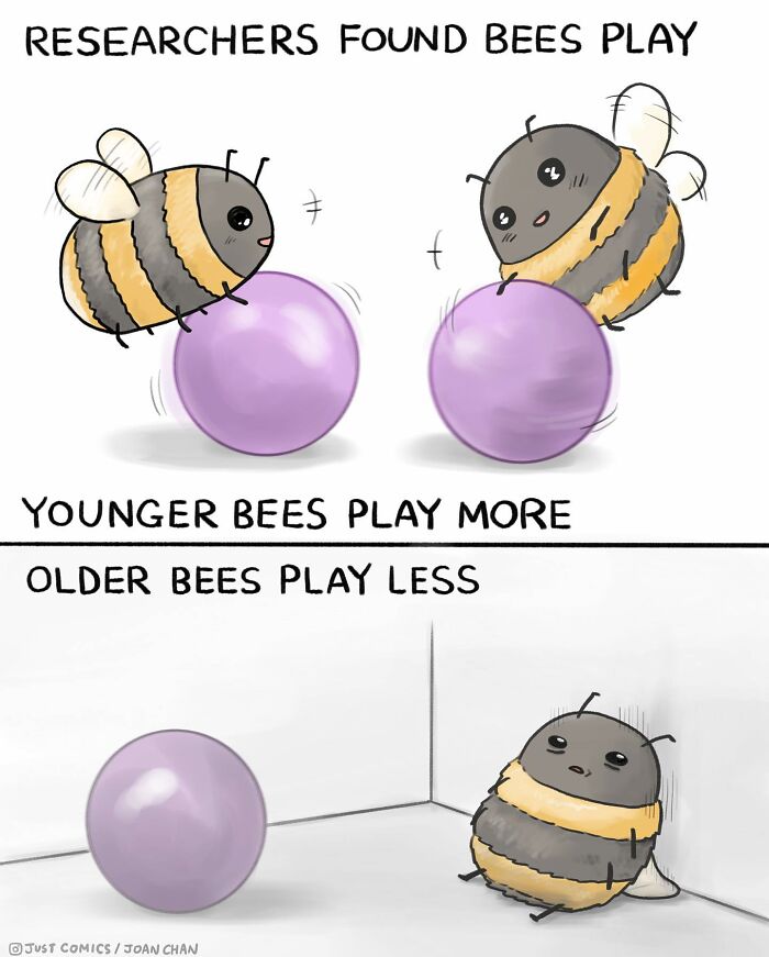 Illustration from artist created comics showing younger bees playing happily while older bee sits sadly alone.