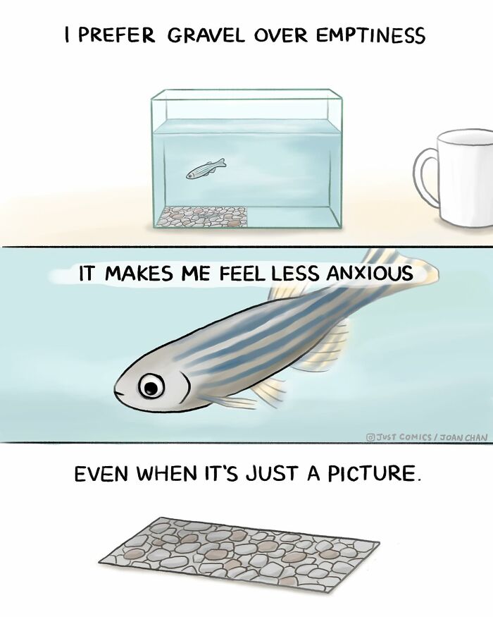 Comic art showing a fish preferring gravel in a tank, highlighting the sad reality of many animals on this planet.