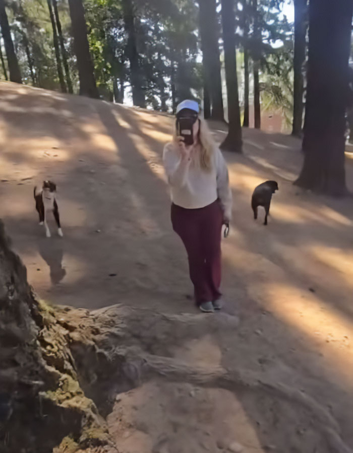 Woman filming man walking his dog in a wooded park area during a confrontation involving harassment accusations.