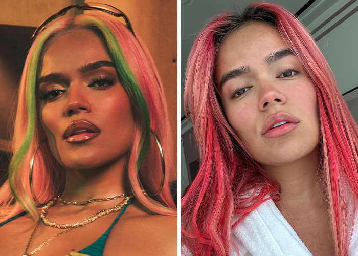 Portraits of a woman with bold colorful hair, shown with and without makeup, highlighting stars seen without professional lighting.