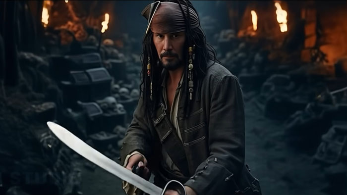 AI-generated image of Keanu Reeves as Jack Sparrow holding a sword in a dark, treasure-filled cave setting.