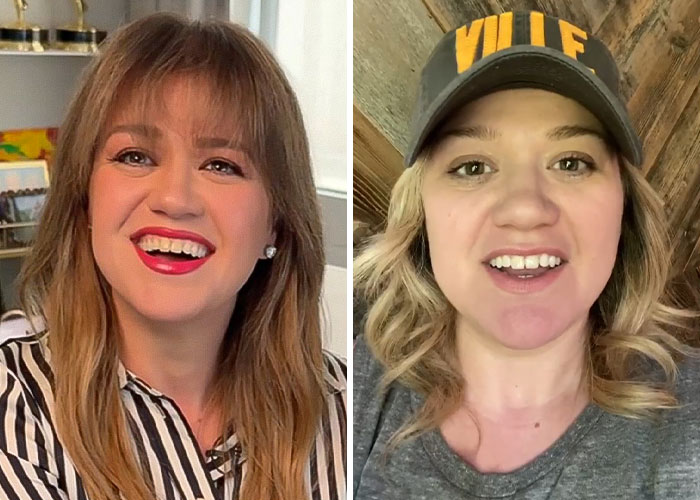 Two side-by-side images of a woman, one with makeup and professional lighting, the other natural and without makeup, showcasing stars seen without makeup or professional lighting.