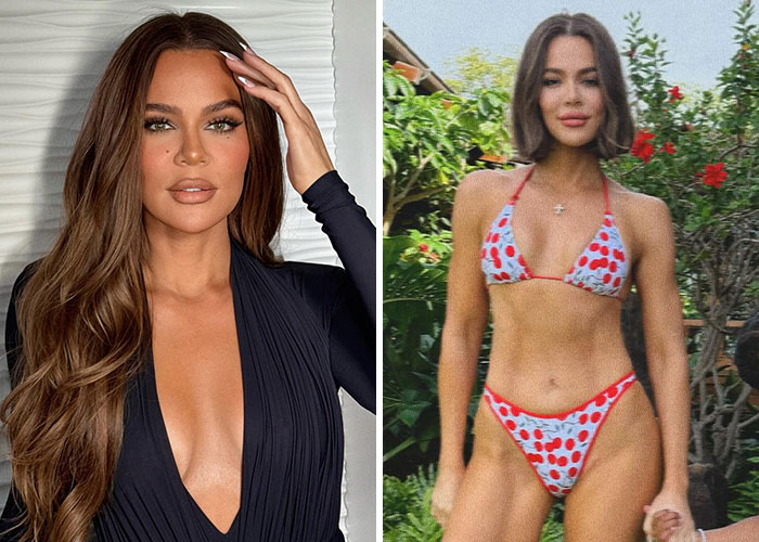Woman posing indoors with long hair and black outfit next to a woman in a cherry print bikini showcasing celebrity beach bodies.