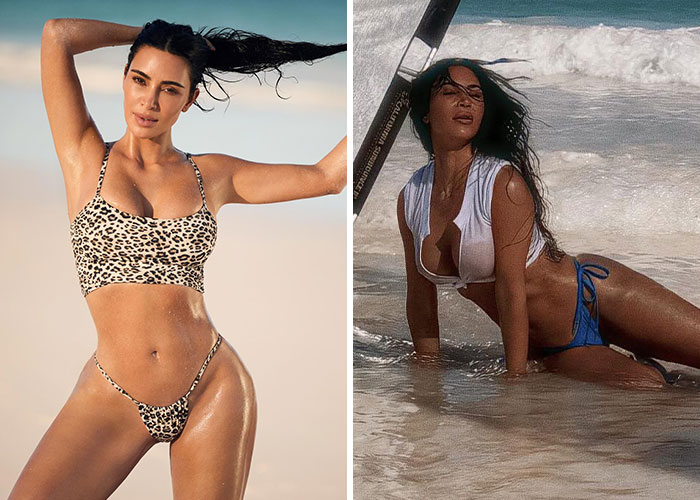 Two celebrities showcasing stunning beach bodies in stylish swimwear near ocean waves.