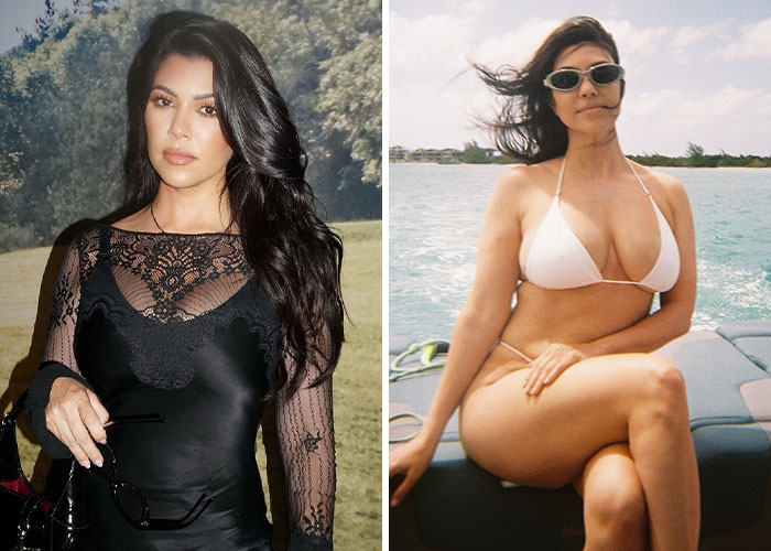 Woman in a black dress posing outdoors next to the same woman in a white bikini showcasing celebrity beach bodies 2025.