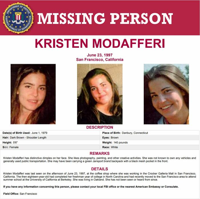 Missing person Kristen Modafferi with dark brown hair, last seen in 1997, featured among chilling disappearances from the ’90s.