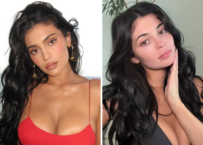 Celebrity with long black hair shown with and without makeup, highlighting natural beauty in casual lighting and professional camera shots.