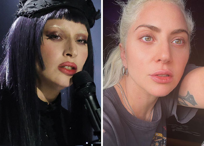 Two celebrities seen without makeup, lighting, or professional cameras showing natural skin and features in candid close-up photos.