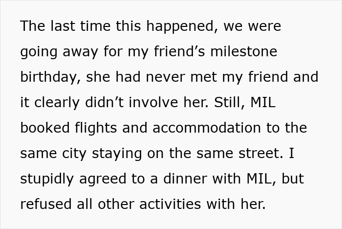 Text describing a stalker MIL trying to gatecrash a couple&rsquo;s vacation by booking same city stays and secret plans to outsmart her.