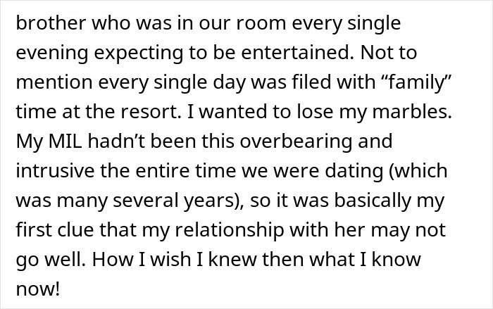 Text excerpt discussing an overbearing stalker MIL during a couple&rsquo;s vacation and their secret plan to outsmart her.