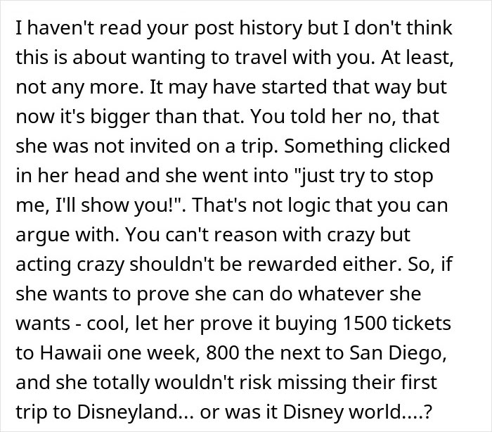 Text excerpt discussing a stalker MIL trying to gatecrash a couple&rsquo;s vacation and their secret plan to outsmart her.