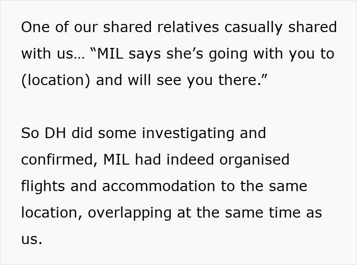 Text excerpt showing a stalker MIL trying to gatecrash couple&rsquo;s vacation by booking overlapping flights and accommodation.