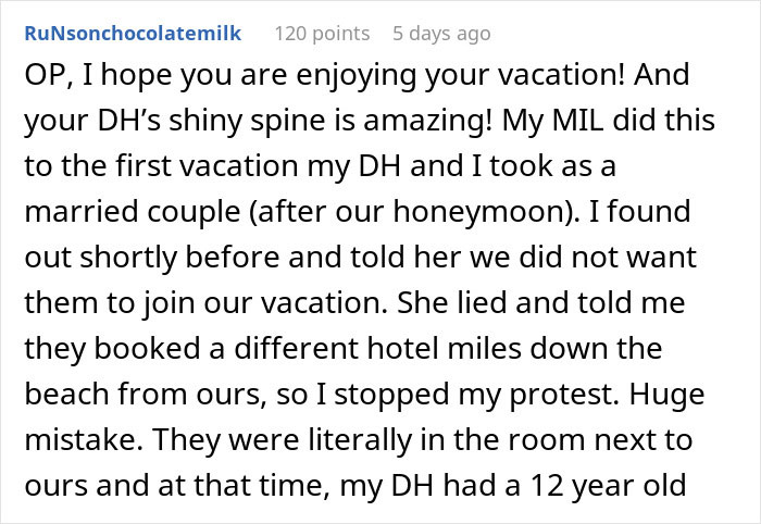 Comment about stalker MIL trying to gatecrash couple&rsquo;s vacation and the couple&rsquo;s secret plan to outsmart her.