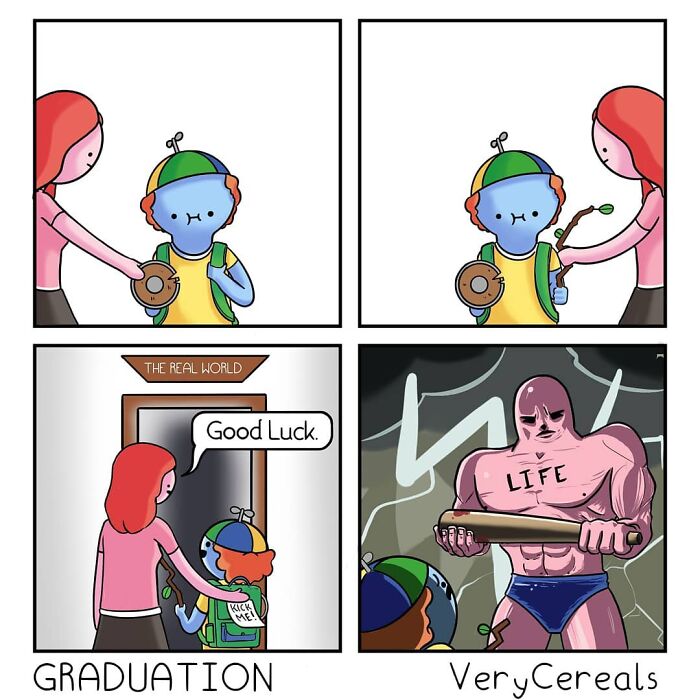 Comic panels showing a child given a stick before facing a muscular character labeled LIFE, representing weird and dark humor comics.