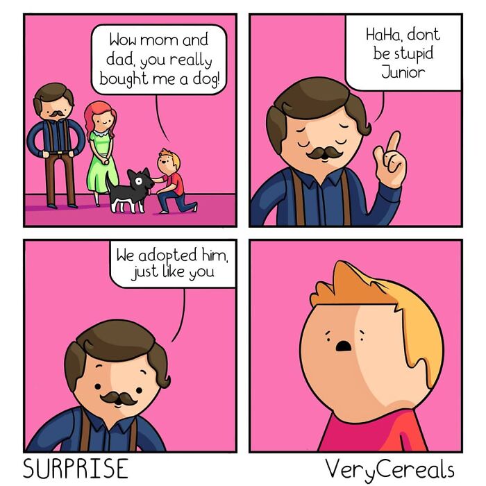 Comic strip with weird and dark humor showing a boy, parents, and a surprise adoption twist by Very Cereals.
