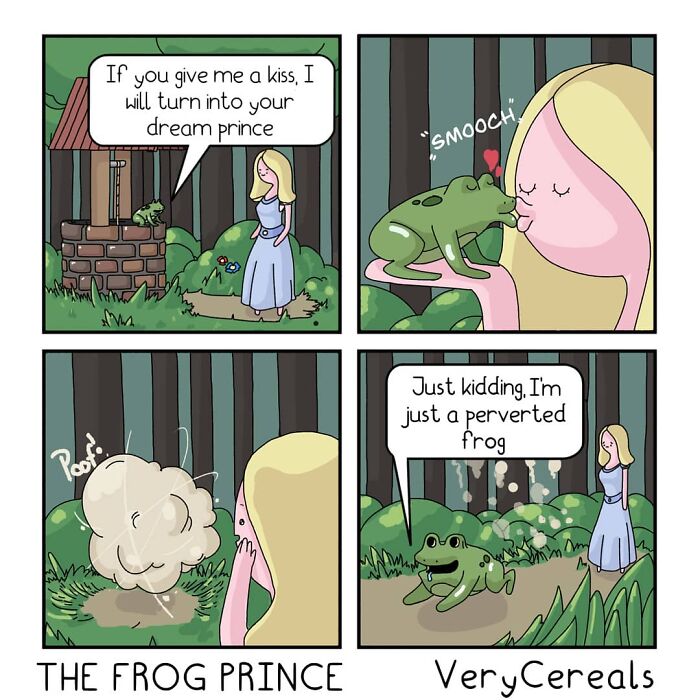 Comic strip by Very Cereals showing a girl kissing a frog with weird and dark humor about a perverted frog.