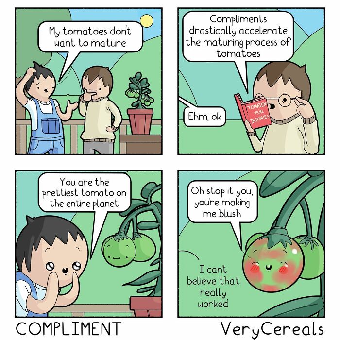 Comic panels featuring dark humor about talking tomatoes that blush after receiving compliments, from Very Cereals comics.