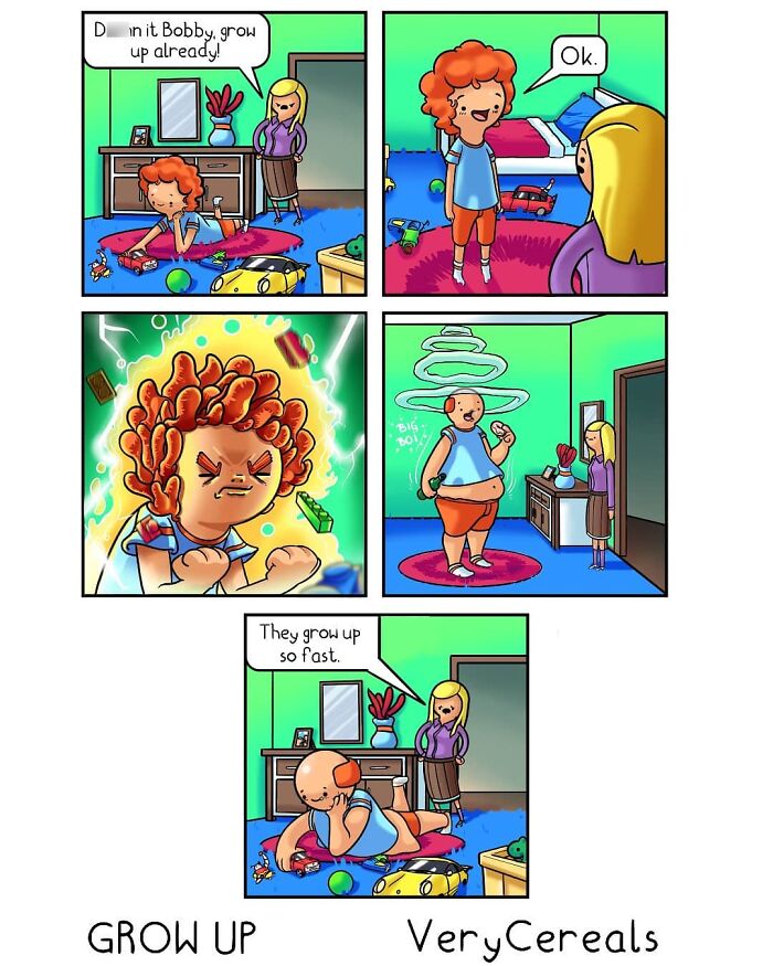 Comic strip by Very Cereals showing weird and dark humor about a boy growing up in a colorful room with toys.