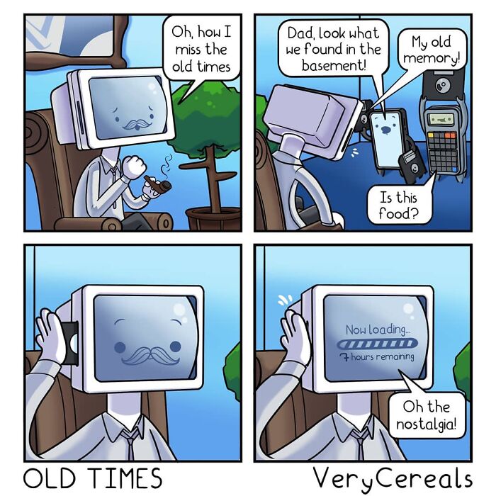 Comic by Very Cereals featuring weird and dark humor about nostalgia with a computer character reminiscing old times.