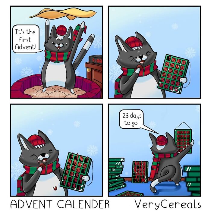 Comic strip featuring a cat with an advent calendar, showcasing weird and dark humor style by Very Cereals.