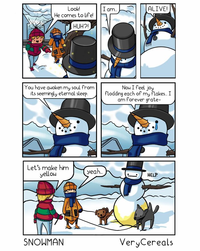 Comic strip by Very Cereals featuring a snowman with dark humor as children react in a snowy outdoor scene.
