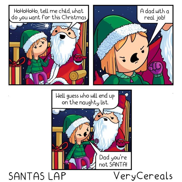 Child asks Santa for a dad with a real job in a weird and dark humor comic by Very Cereals.