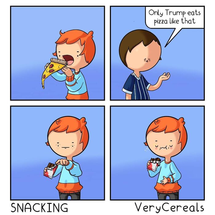 Comic panels showing dark humor with a character eating pizza and snacks, illustrating weird humor by Very Cereals.