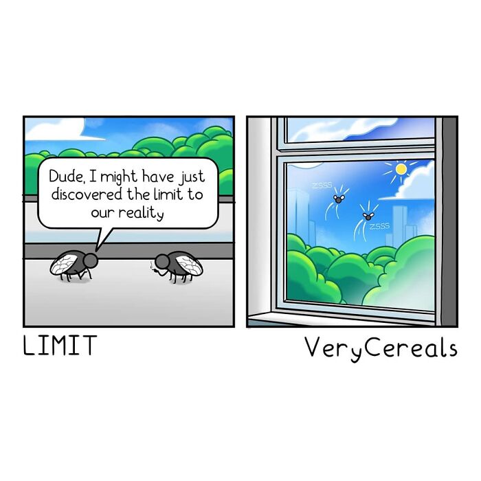 Two flies discuss discovering the limit of reality in a weird and dark humor comic by Very Cereals.