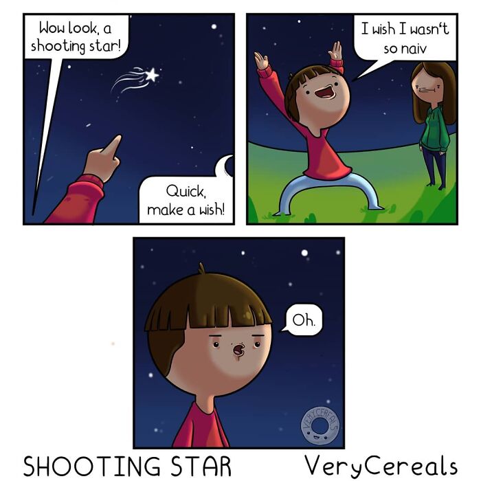 Comic by Very Cereals showing dark humor with a shooting star wish and a character feeling naive and disappointed.