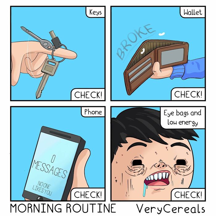Comic panels showing a hand holding keys, an empty wallet, a phone with no messages, and a tired face with dark humor.
