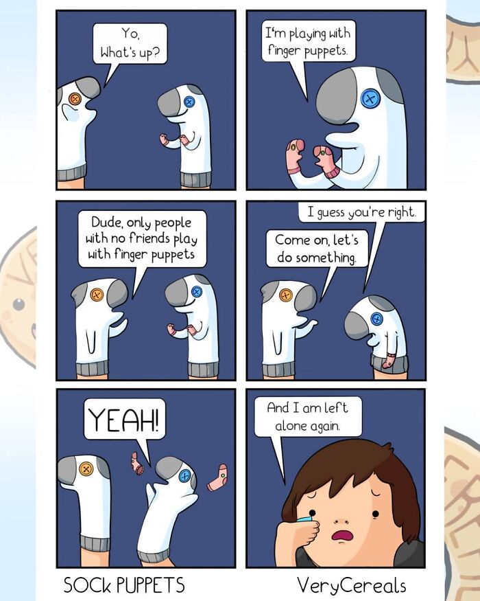 Comic strip featuring sock puppets and dark humor, showcasing weird and dark humor comics by Very Cereals.