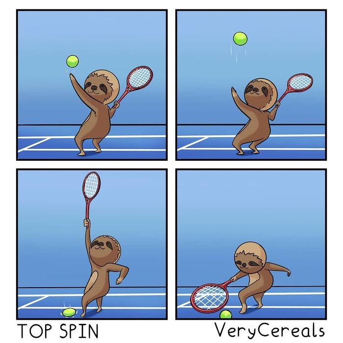 Sloth playing tennis with a racket and ball in a comic strip featuring weird and dark humor style.