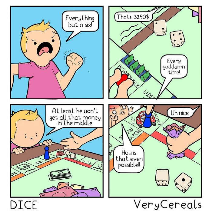 Comic strip by Very Cereals showing a frustrated player losing a dice game with dark humor and weird twists.