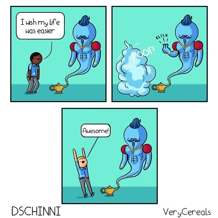 Comic strip with a genie and man, featuring weird and dark humor from Very Cereals, a popular comic series.