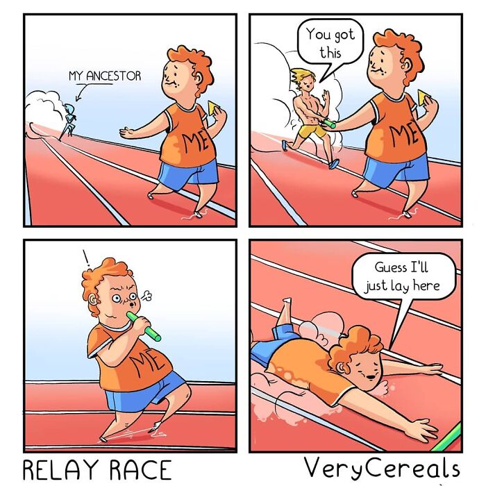 Comic strip by Very Cereals showing a relay race with dark humor and a character giving up mid-race.