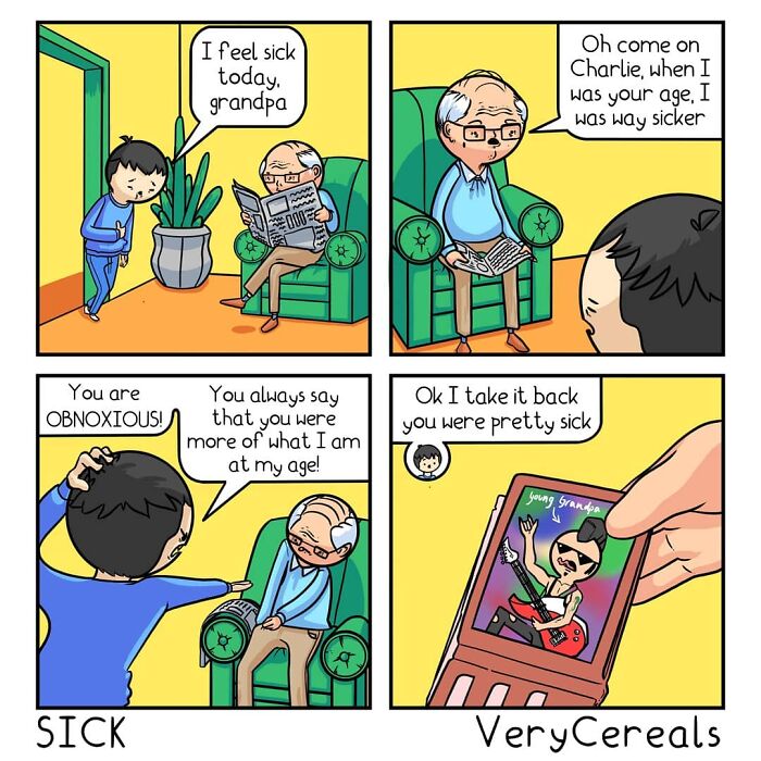 Comic strip showing weird and dark humor with a grandson feeling sick and grandpa revealing a wild past as a rockstar.