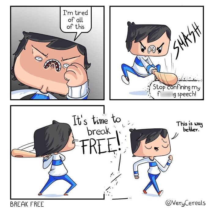 Comic panels by Very Cereals showing a character breaking free with weird and dark humor, hitting a wall with a bat.