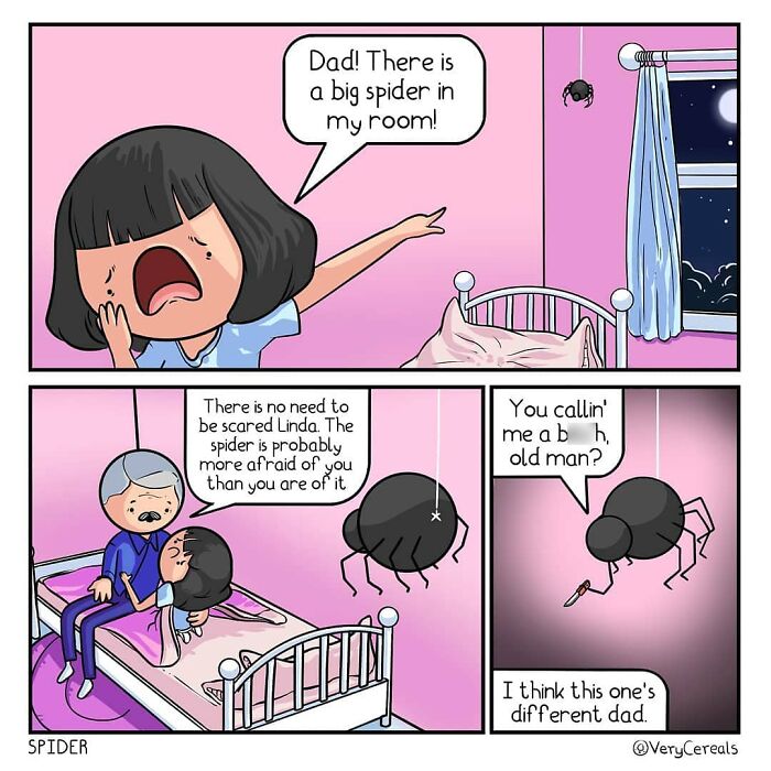 Comic strip by Very Cereals showing weird and dark humor with a girl scared of a talking spider in her room at night.