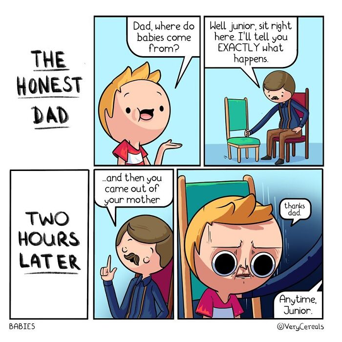 Comic strip by Very Cereals featuring weird and dark humor about a dad explaining where babies come from to his son.