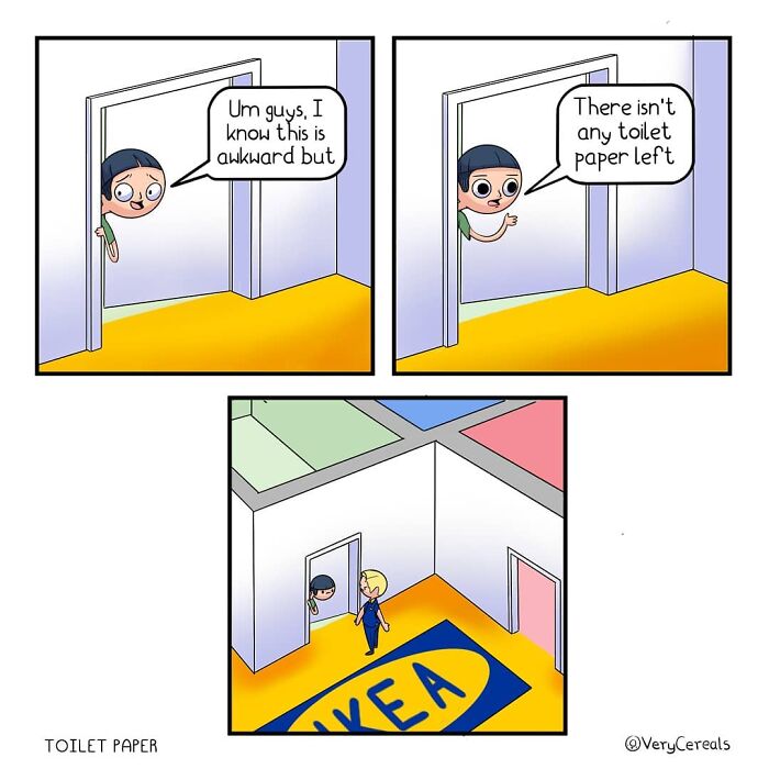 Comic panels showing a character in an IKEA bathroom telling another there is no toilet paper left, dark humor style.