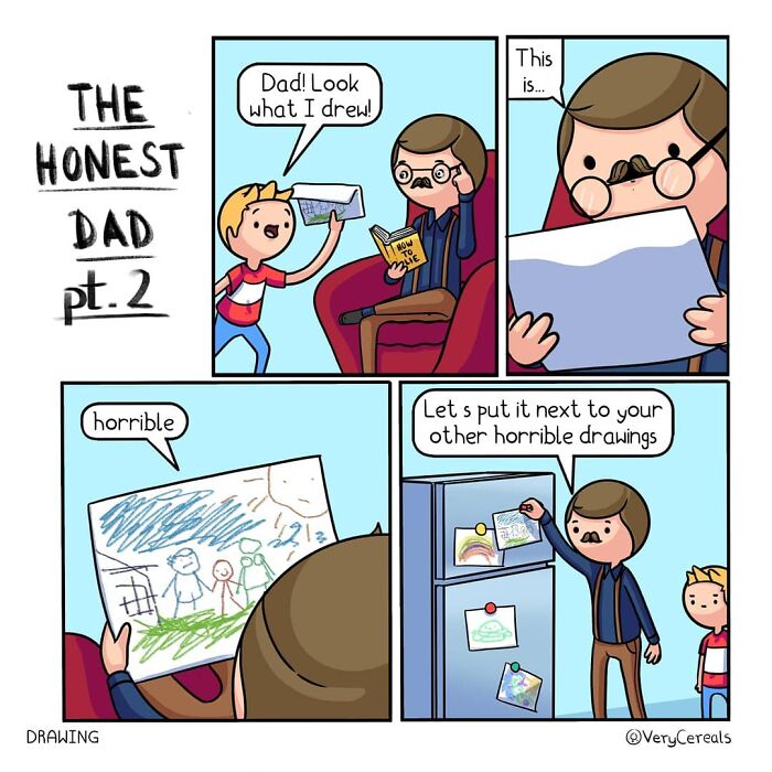 Comic by Very Cereals showing a dad humorously critiquing his child’s drawing with dark humor.