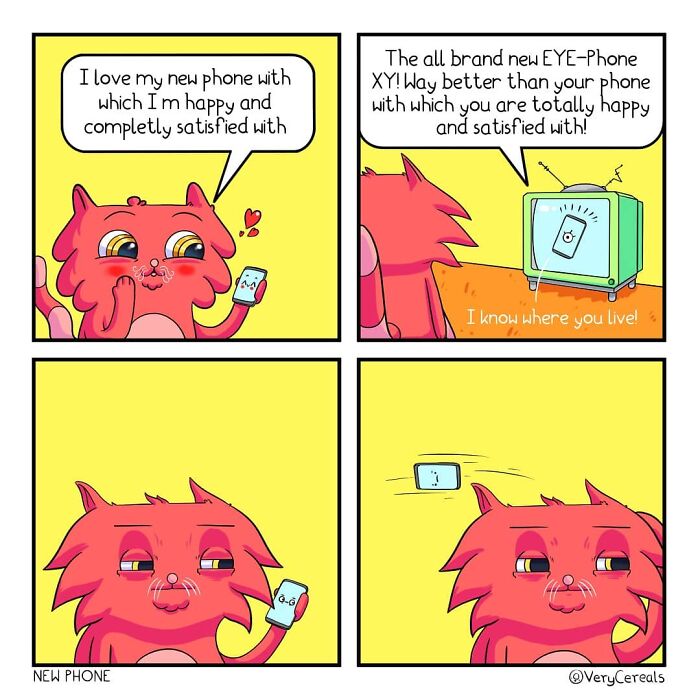 Red cartoon cat with a phone, featuring weird and dark humor comic style by Very Cereals in four panels.