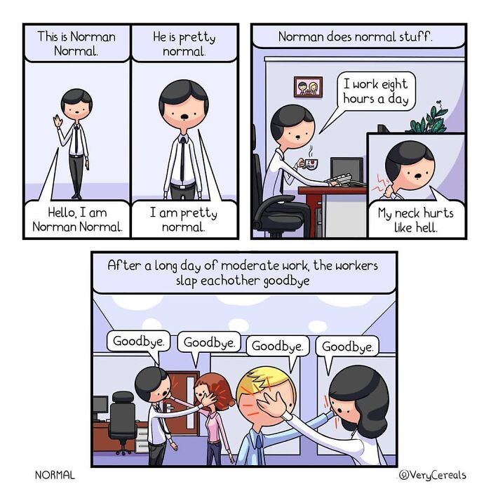 Comic strip featuring a character named Norman Normal with weird and dark humor by Very Cereals.