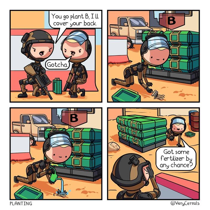 Comic panels showing soldiers planting and watering ammunition crates with dark humor from Very Cereals comics.